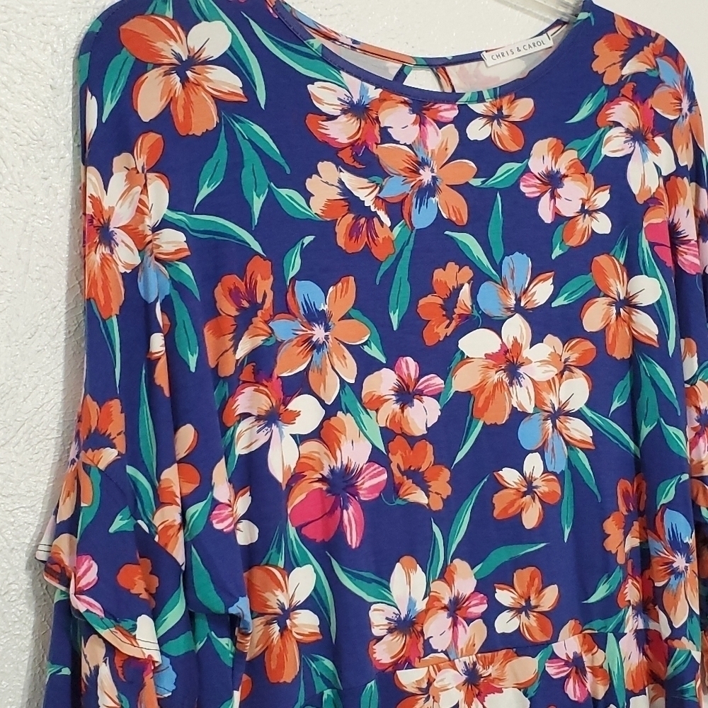 SALE 4/$30 Chris & Carol Blue Floral Peplum Blouse - Picture 3 of 8